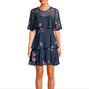 NWT BCBGMaxAzria Navy Ruffle Blooming Floral Tiered Dress